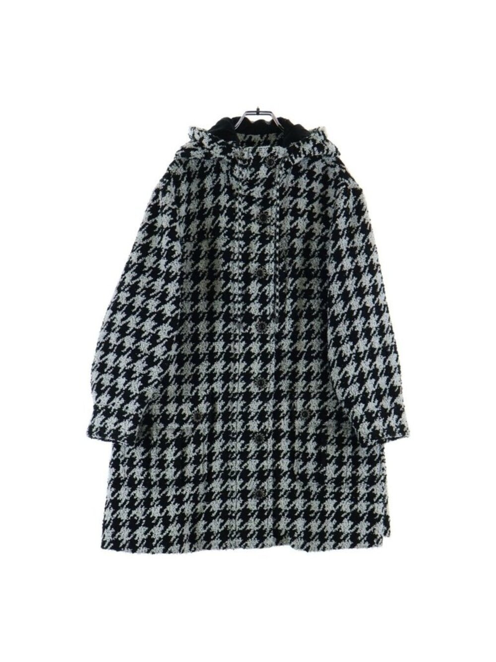 Chanel 16 AW Houndstooth Tweed Coat Zip Up Hood Black White